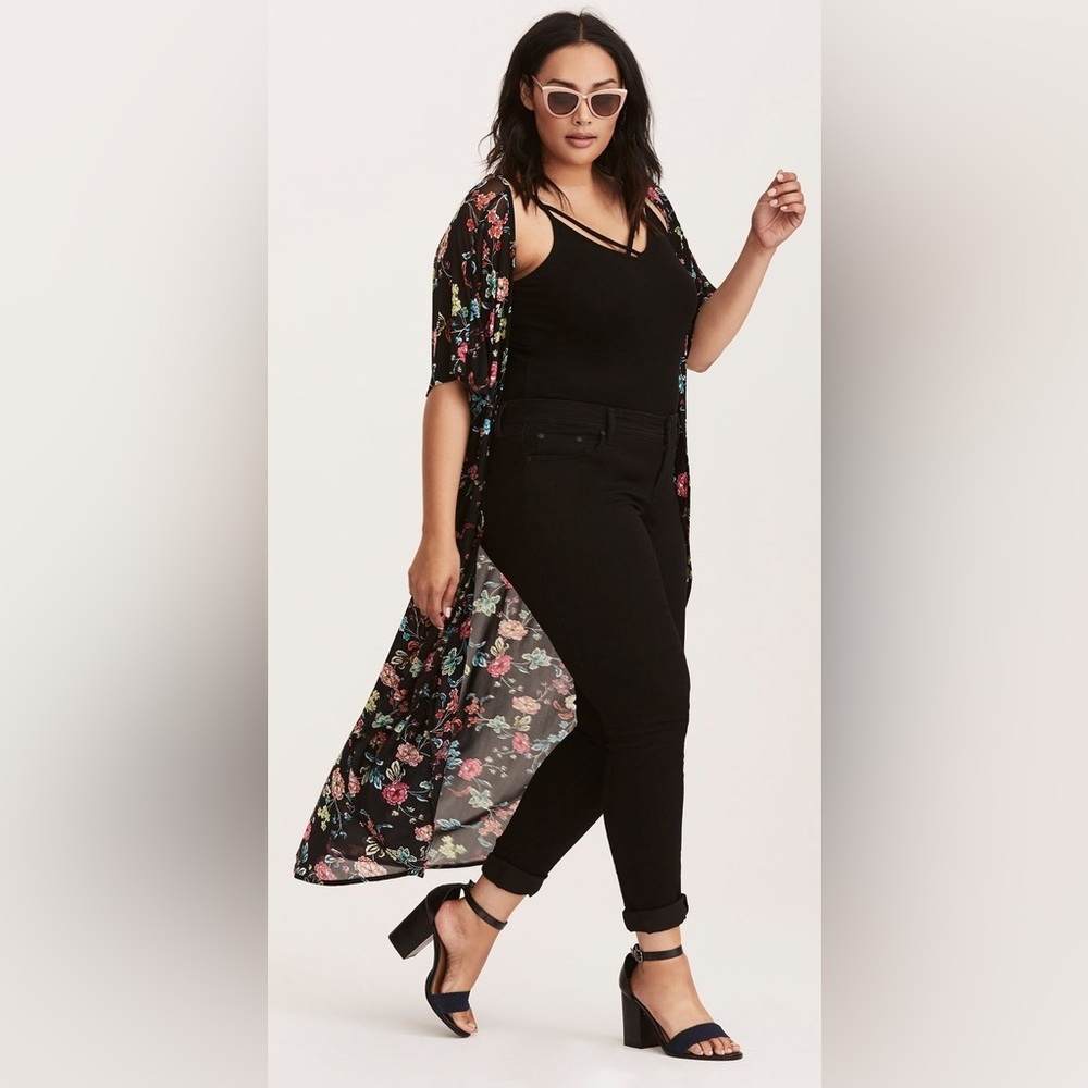 Torrid Floral Chiffon Kimono Duster Maxi Cardigan Black 1X 2X Boho Layer - Picture 3 of 9